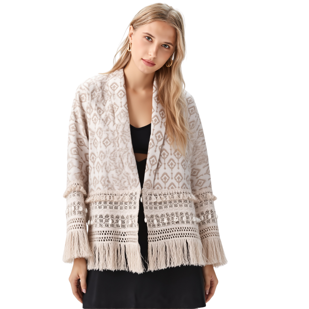 BR11037  EMBROIDERED SEASHELLS AND FRINGE ONE SIZE BOHO JACKET