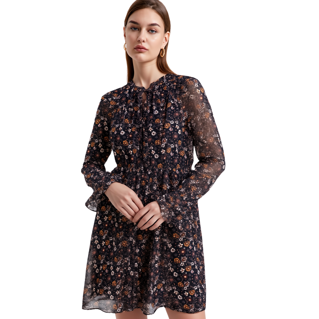 BR1115 ITALIAN BLACK FLORAL TIE NECK MINI DRESS