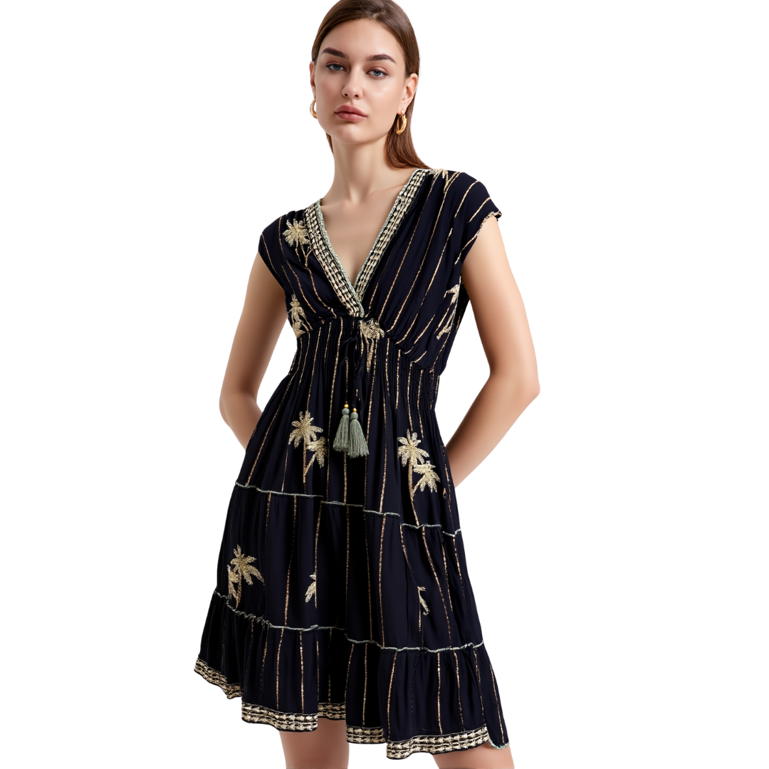 BR26137 SUNLIT TROPICS EMBROIDERED TIERED ONE SIZE MINI DRESS