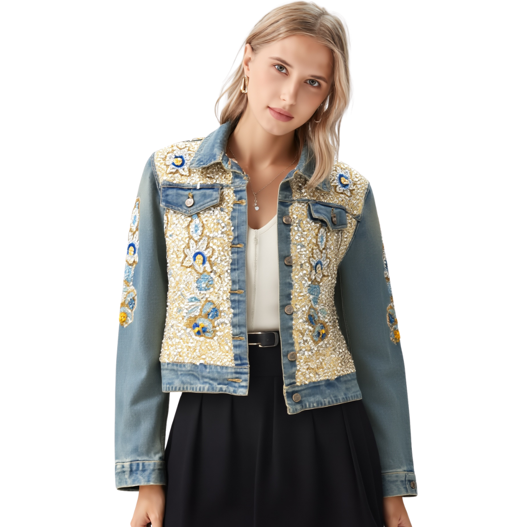 BR25406 DENIM EMBROIDERED DETAILS JACKET