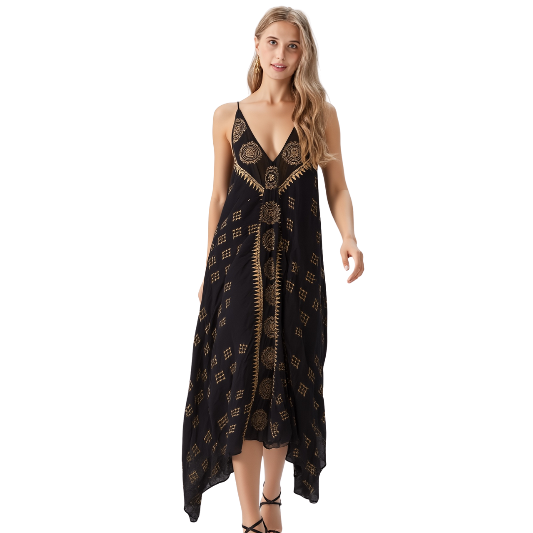 BR25836 BOHO MAXI DRESS WITH GOLD GLITTER ONE SIZE