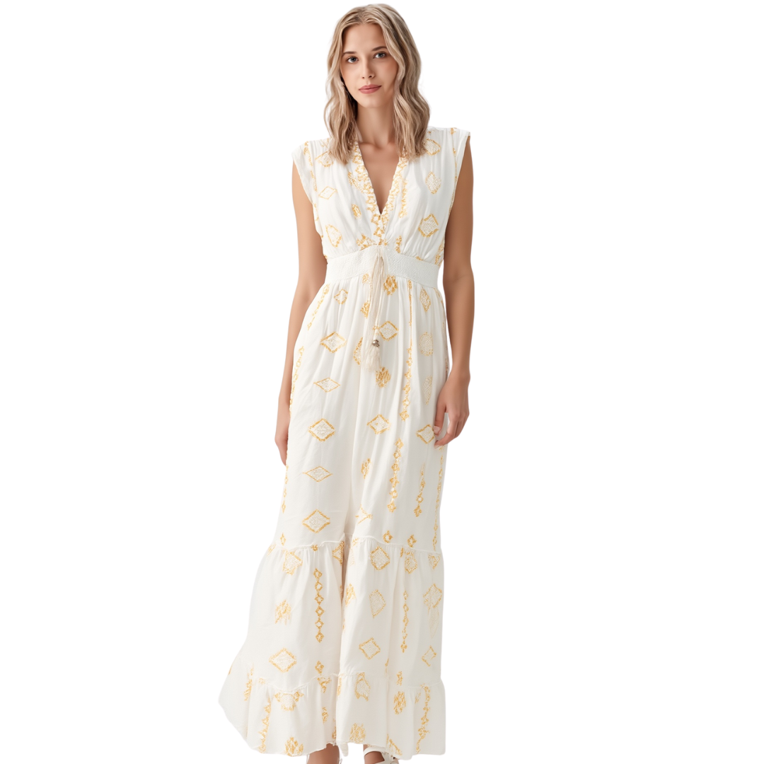 BR25240 EMBROIDERED DETAILS V NECK MAXI DRESS ONE SIZE