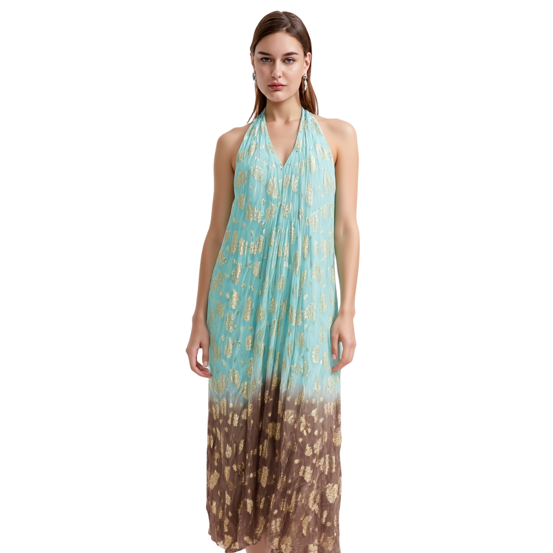 BR25272  SLEEVELESS V-NECK WITH GOLD DETAILS MAXI DRESS ONE SIZE