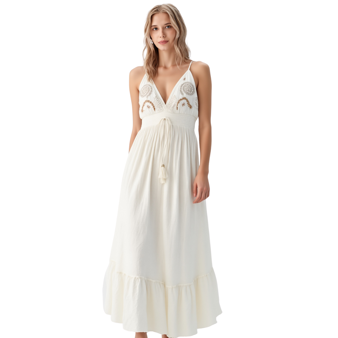 BR25207 EMBROIDERED SLEEVELESS V- NECK MAXI DRESS